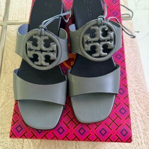 Tory Burch Olive Gray Miller Logo Slide Sandals